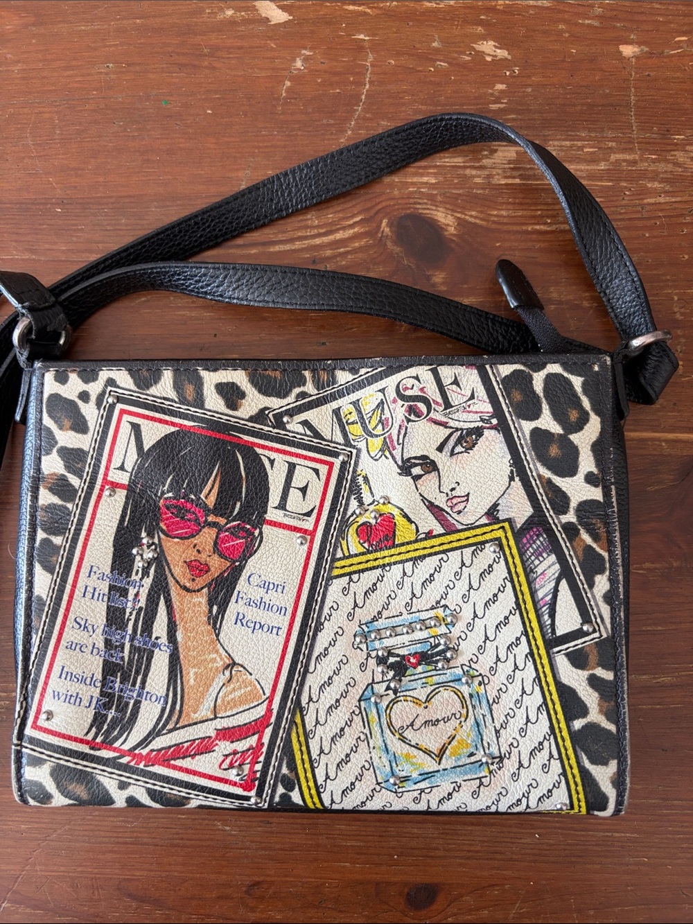 Brighton Leopard-Accent Crossbody wallet Bag with Graphic Magazine Art in Black